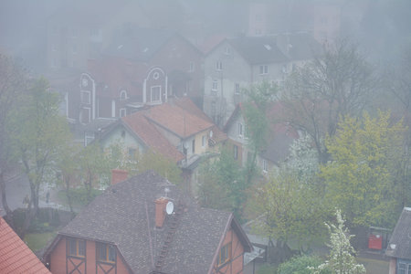 Zelenogradsk in the fog. A suburb of Kaliningrad. Rainy morning on the baltic sea