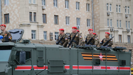 Moscow, Russian Federation, 07/05/2021: rehearsal of the parade of military equipment dedicated to...