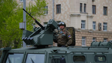 Moscow, Russian Federation, 07/05/2021: rehearsal of the parade of military equipment dedicated to the Victory Day 9 may on the central streets of the cityのeditorial素材