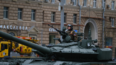 Moscow, Russian Federation, 07/05/2021: rehearsal of the parade of military equipment dedicated to...