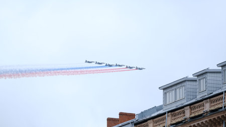 Moscow, Russian Federation, 07/05/2021: rehearsal of the parade of military equipment dedicated to...
