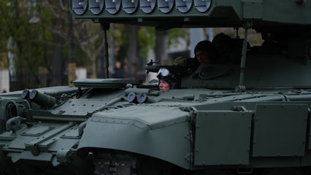 Moscow, Russian Federation, 07/05/2021: rehearsal of the parade of military equipment dedicated to...