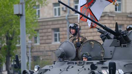 Moscow, Russian Federation, 07/05/2021: rehearsal of the parade of military equipment dedicated to...