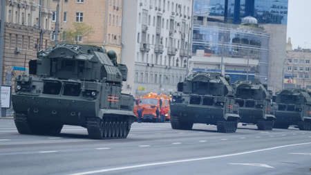Moscow, Russian Federation, 07/05/2021: rehearsal of the parade of military equipment dedicated to the Victory Day 9 may on the central streets of the cityのeditorial素材