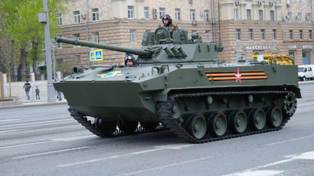Moscow, Russian Federation, 07/05/2021: rehearsal of the parade of military equipment dedicated to...