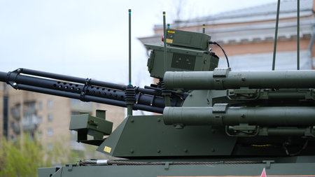 Moscow, Russian Federation, 07/05/2021: rehearsal of the parade of military equipment dedicated to...