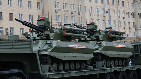 Moscow, Russian Federation, 07/05/2021: rehearsal of the parade of military equipment dedicated to the Victory Day 9 may on the central streets of the cityのeditorial素材