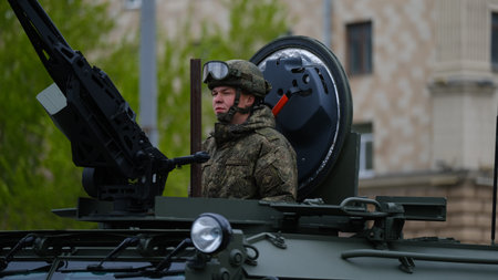 Moscow, Russian Federation, 07/05/2021: rehearsal of the parade of military equipment dedicated to...
