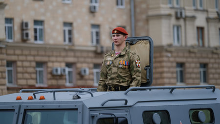 Moscow, Russian Federation, 07/05/2021: rehearsal of the parade of military equipment dedicated to...