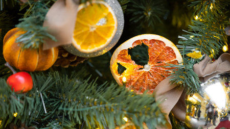 Christmas tree decorated with natural materials - slices of dried orange.の写真素材