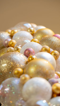 Christmas celebration concept. Bottom view close up photo of beautifully decorated yellow and white...