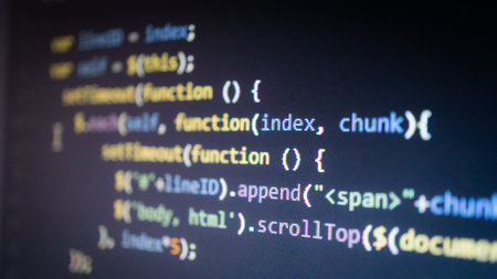 Coding application by programmer developer. Script on computer with source code. Programming code...