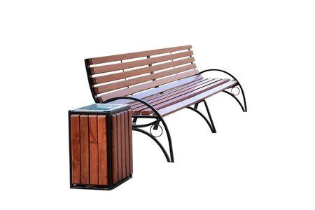 Park bench with trash can isolated on white background.の写真素材