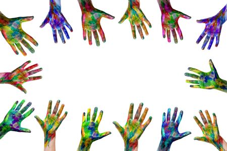rised up hands painted with watercolors isolated on white background. ready for your logo, text or symbols. The concept of diversity, meeting and socializingの写真素材
