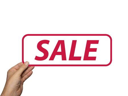hand holding card with the word Sale. isolated on white background. Minimal composition.Sale conceptの写真素材