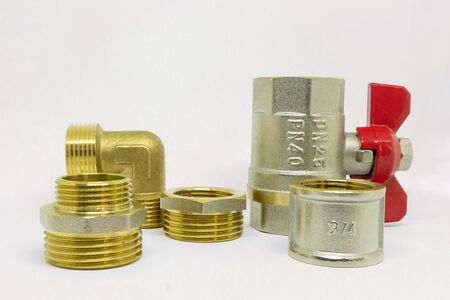 Plumbing fitting and ball valve, Fitting for water supply system in house, tools and equipment. isolated on white background.の写真素材