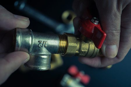 Plumber hands screwing nut of pipe over plumbing tools background. Concept of repair and technical assistance. Close up shot. Brutal atristic toning.の写真素材