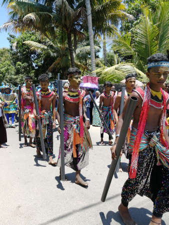 Carnival in Poya Day on the streets of Mirissa. Dressed people celebrating Poya Day. March, 9, 2020, Sri Lanka, Mirissaのeditorial素材