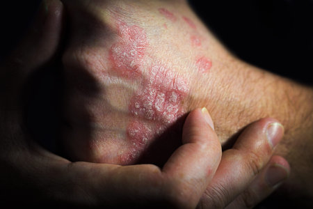 psoriasis is an autoimmune human disease. a man holds a hand at a psoriasis affected area of the...