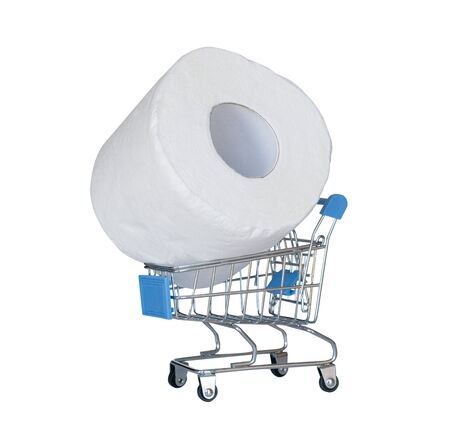 A roll of toilet paper in a shopping cart as a symbol of consumer panic and the disappearance of essential goods from stores.の写真素材