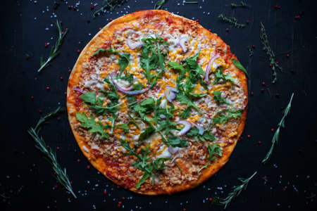 Pizza with tomato sauce, fresh mozzarella, parmesan and basil on the dark rusty backgroundの写真素材