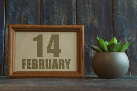 february 14th. Day 14 of month, date in frame next to succulent on wooden background winter month, day of the year conceptの写真素材