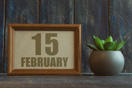 february 15th. Day 15 of month, date in frame next to succulent on wooden background winter month, day of the year conceptの写真素材