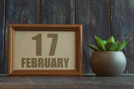 february 17th. Day 17 of month, date in frame next to succulent on wooden background winter month, day of the year conceptの写真素材