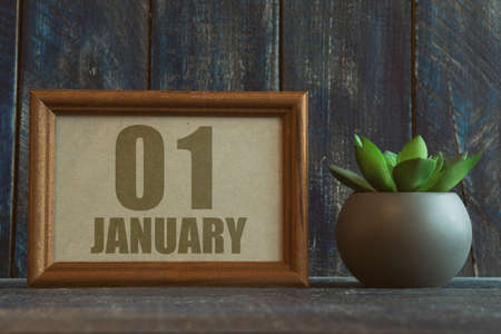 january 1st. Day 1 of month, date in frame next to succulent on wooden background winter month, day of the year conceptの写真素材