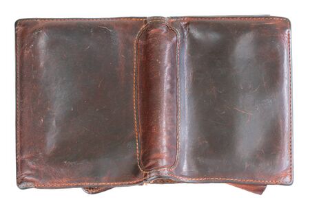 Old  brown leather purse  on white backgroundの写真素材