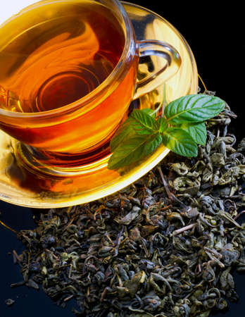 Cup of english green tea with mintの写真素材