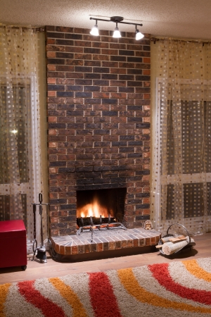 Interior design of living room in a new house with fireplaceの写真素材