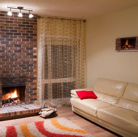 Interior design of living room in a new house with fireplaceの写真素材