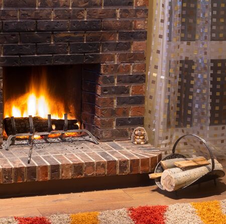 Interior design of living room in a new house with fireplaceの写真素材