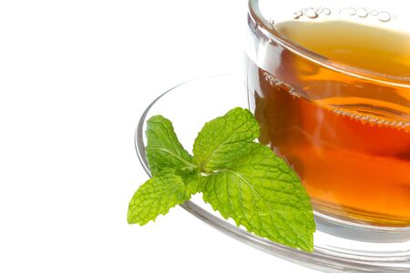 Tea cup with mint leaves on a white backgroundの写真素材