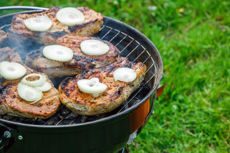 Steaks with onion on a grill 