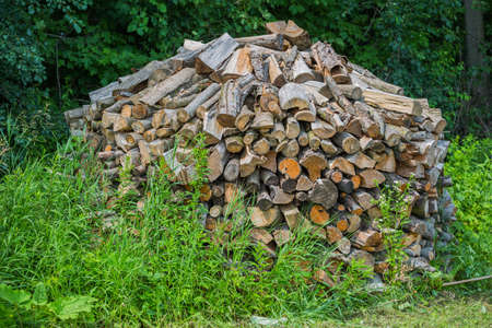 Pile of firewood stacked and with cutの写真素材