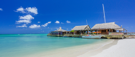 Cafe on tropical beach at Arubaの写真素材