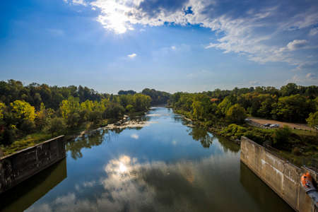 Panorama of lake with cloudsの写真素材