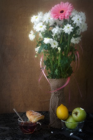 Spring still life in the old style close-up of the backgroundの写真素材