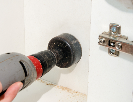 Drilling of large diameter holes hand drill, close-up, carpentryの写真素材