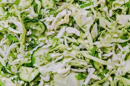 Salad with fresh cabbage, tomato, herbs on the plate on a tableの写真素材