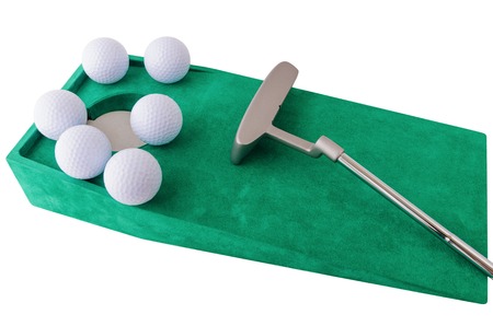 indoor mini golf, ball pocket and putter on green clothの写真素材