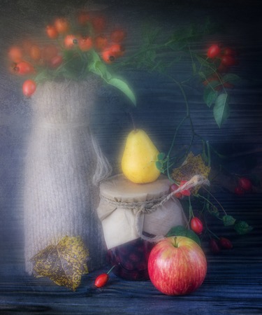 Autumn still-life with large group of products like apple, pear, pumpkin and moreの写真素材