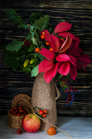 Fall Still Life with Pumpkins, cornucopia and fresh fruits. Vertical Composition.の写真素材
