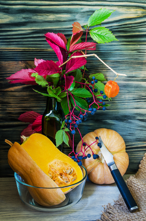 Pumpkin and pumpkin jam, puree or sauce on green with white tablecloth. Autumn still life.の写真素材