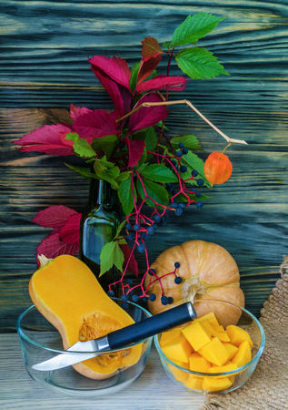 Pumpkin and pumpkin jam, puree or sauce on green with white tablecloth. Autumn still life.の写真素材
