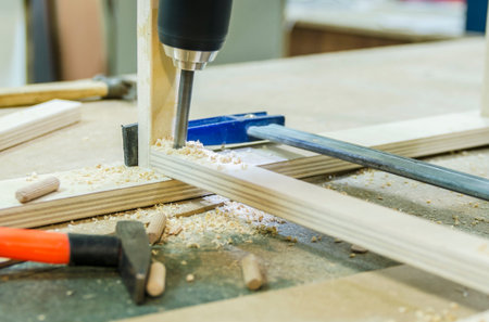 Bonding and assembly of furniture on the wooden pinsの写真素材