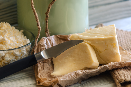 Dairy products on a wood backgroundの写真素材