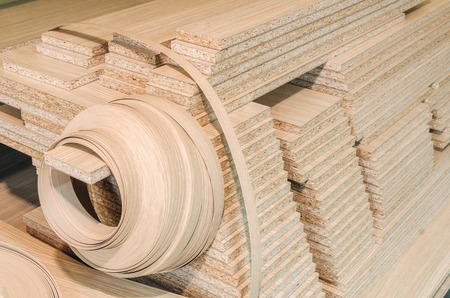 board chipboard cut parts for furniture production close-upの写真素材